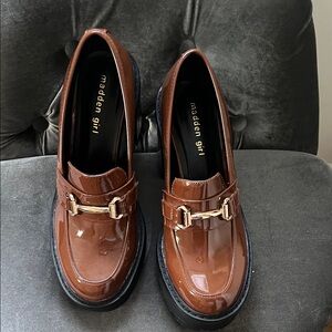 Madden Girl Glossy Brown Loafers with Gold Accent